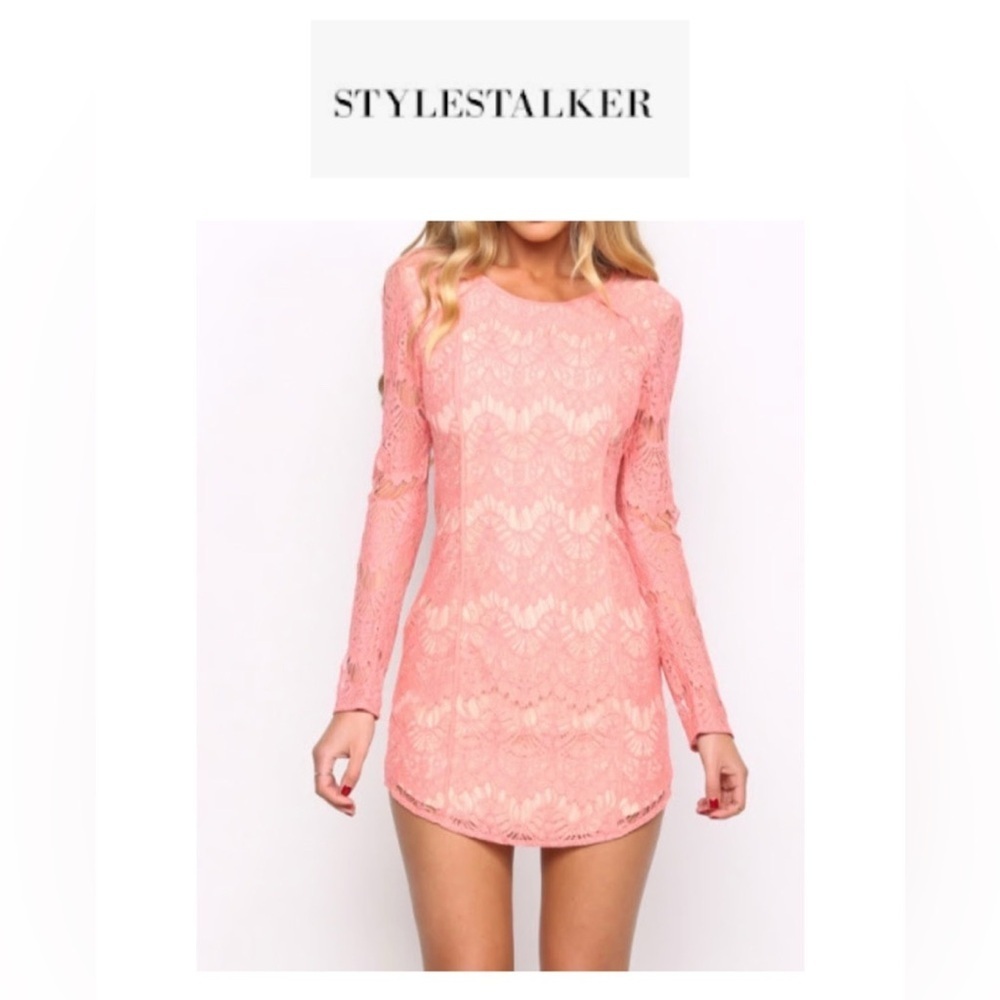 Stylestalker Sherbet I Got You Babe Mini Pink Lace Long Sleeve Sheath Dress S
